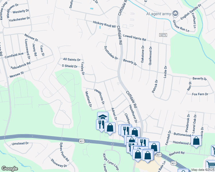 map of restaurants, bars, coffee shops, grocery stores, and more near 7753 Adrian Drive in Fayetteville