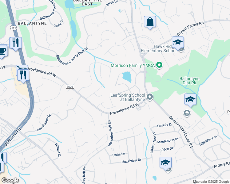 map of restaurants, bars, coffee shops, grocery stores, and more near 10234 Willow Rock Drive in Charlotte