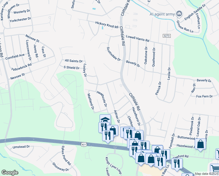 map of restaurants, bars, coffee shops, grocery stores, and more near 7753 Adrian Drive in Fayetteville