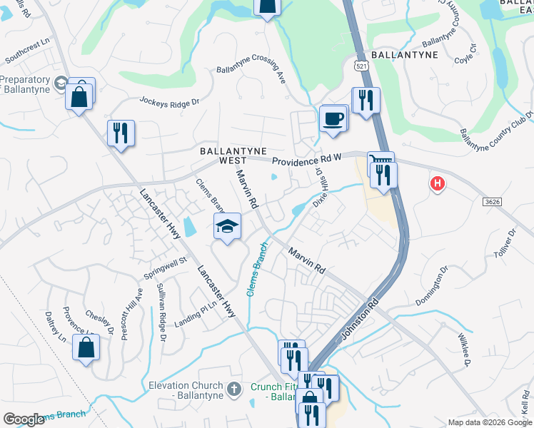 map of restaurants, bars, coffee shops, grocery stores, and more near 15423 Learning Lane in Charlotte
