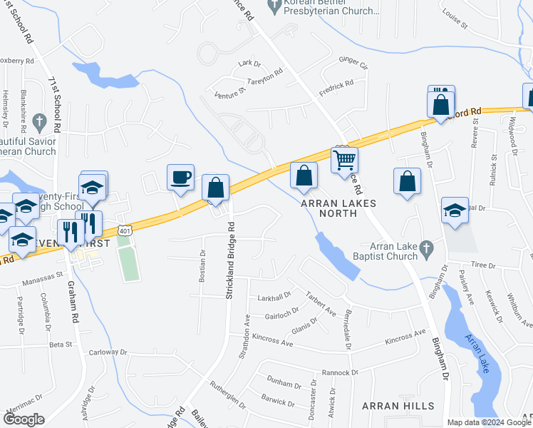 map of restaurants, bars, coffee shops, grocery stores, and more near 6376 Applecross Avenue in Fayetteville