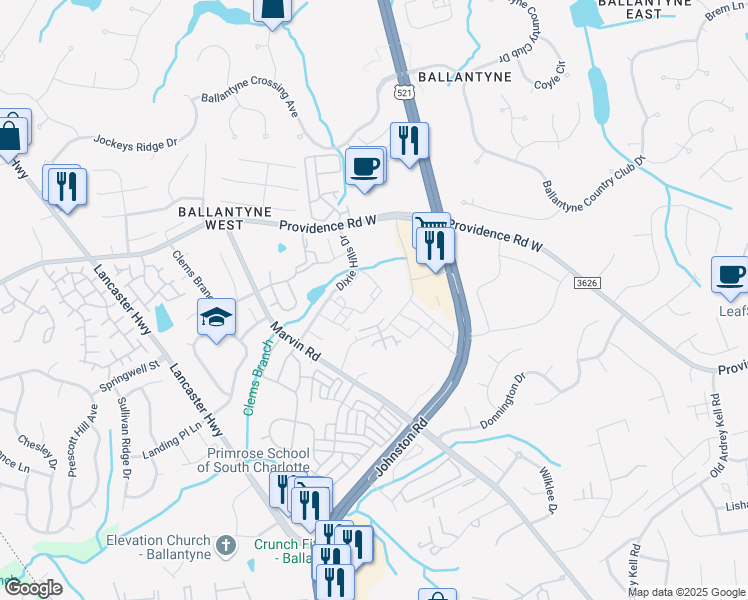 map of restaurants, bars, coffee shops, grocery stores, and more near 15838 Colony Oaks Drive in Charlotte