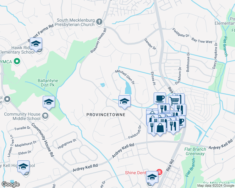 map of restaurants, bars, coffee shops, grocery stores, and more near 11709 Borchetta Drive in Charlotte