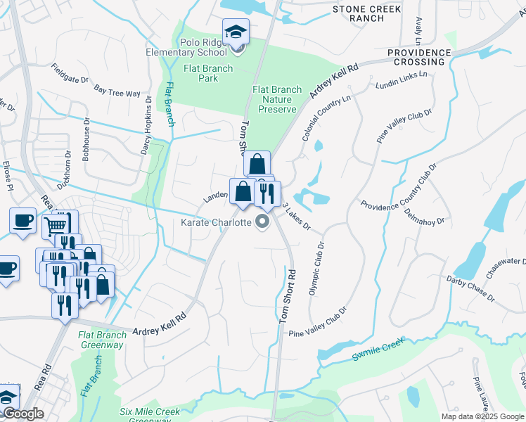 map of restaurants, bars, coffee shops, grocery stores, and more near 8145 Ardrey Kell Road in Charlotte