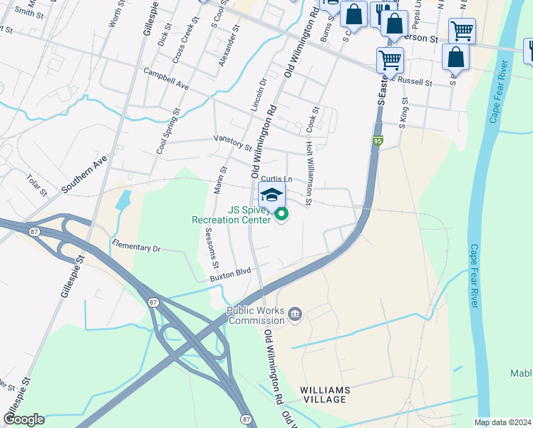 map of restaurants, bars, coffee shops, grocery stores, and more near 500 Fisher Street in Fayetteville