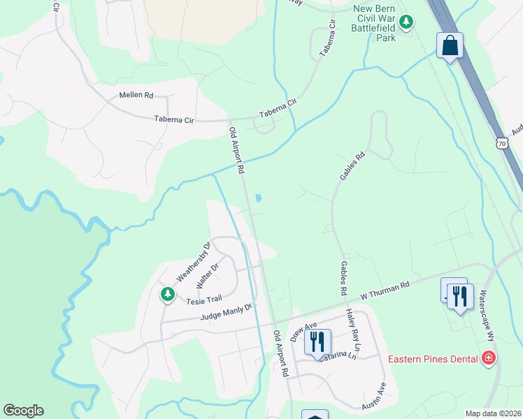 map of restaurants, bars, coffee shops, grocery stores, and more near 100 Daughety Court in New Bern