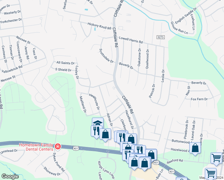 map of restaurants, bars, coffee shops, grocery stores, and more near 5326 Holland Park Avenue in Fayetteville