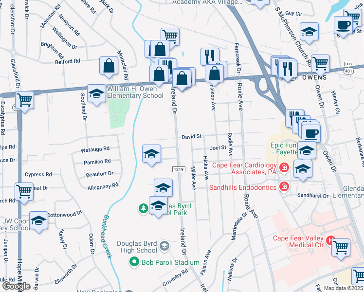 map of restaurants, bars, coffee shops, grocery stores, and more near 1401 Ireland Drive in Fayetteville