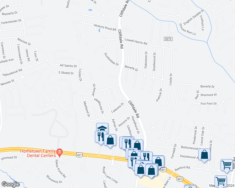 map of restaurants, bars, coffee shops, grocery stores, and more near 5326 Holland Park Avenue in Fayetteville