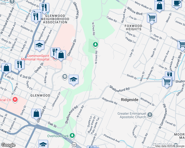 map of restaurants, bars, coffee shops, grocery stores, and more near 133 North Crest Road in Chattanooga