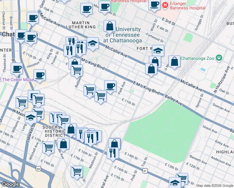 map of restaurants, bars, coffee shops, grocery stores, and more near 904 East 11th Street in Chattanooga