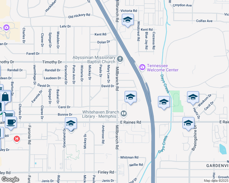 map of restaurants, bars, coffee shops, grocery stores, and more near 4037 Millbranch Road in Memphis