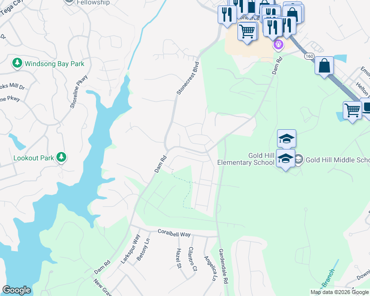 map of restaurants, bars, coffee shops, grocery stores, and more near 2043 Dam Road in Fort Mill