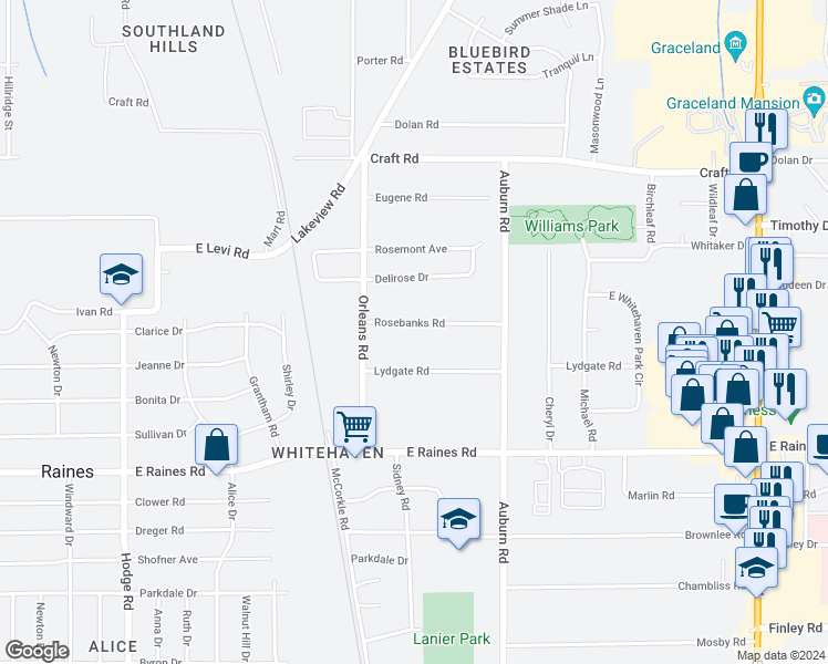 map of restaurants, bars, coffee shops, grocery stores, and more near 759 Rosebanks Road in Memphis