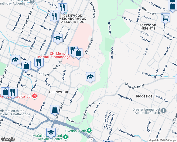 map of restaurants, bars, coffee shops, grocery stores, and more near 2700 Parkwood Avenue in Chattanooga