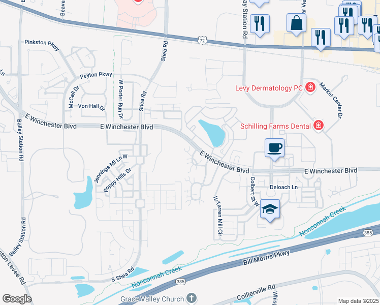 map of restaurants, bars, coffee shops, grocery stores, and more near 1157 Oak Heights Lane in Collierville