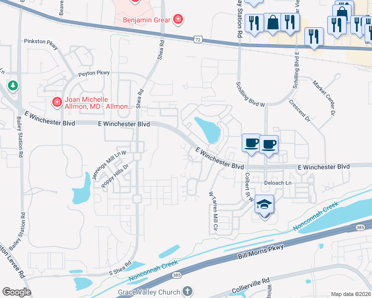 map of restaurants, bars, coffee shops, grocery stores, and more near 1125 Oak Heights Lane in Collierville