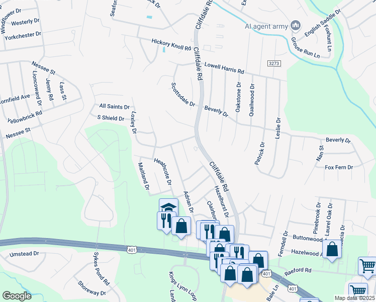 map of restaurants, bars, coffee shops, grocery stores, and more near 1683 Montrose Drive in Fayetteville
