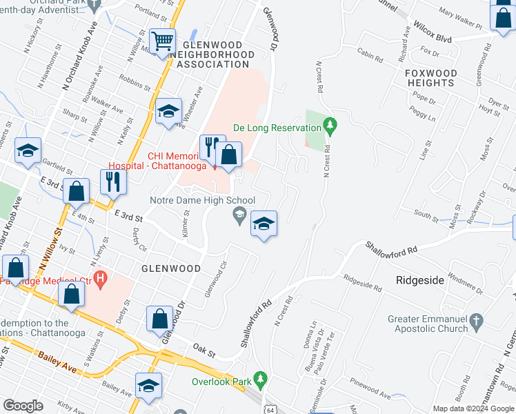 map of restaurants, bars, coffee shops, grocery stores, and more near 2700 Parkwood Avenue in Chattanooga