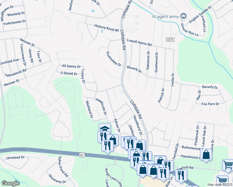 map of restaurants, bars, coffee shops, grocery stores, and more near 1683 Montrose Drive in Fayetteville