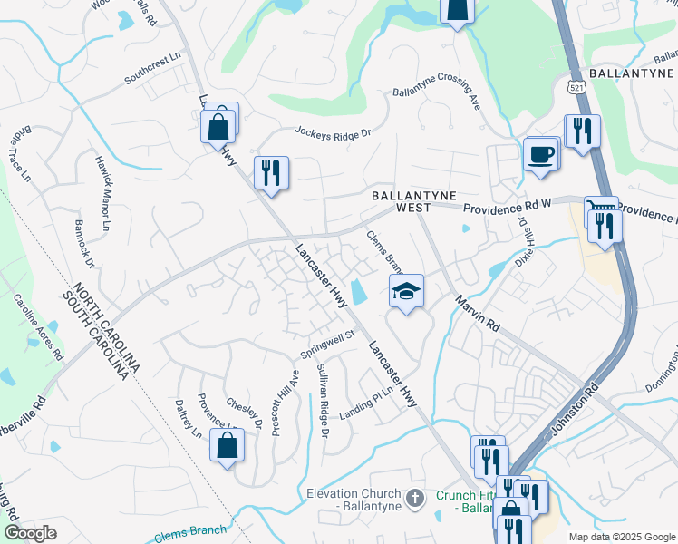 map of restaurants, bars, coffee shops, grocery stores, and more near 15348 Lavista Way in Charlotte