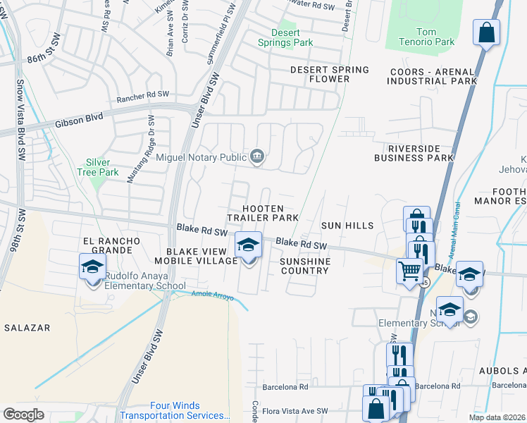 map of restaurants, bars, coffee shops, grocery stores, and more near 4301 Blake Road Southwest in Albuquerque