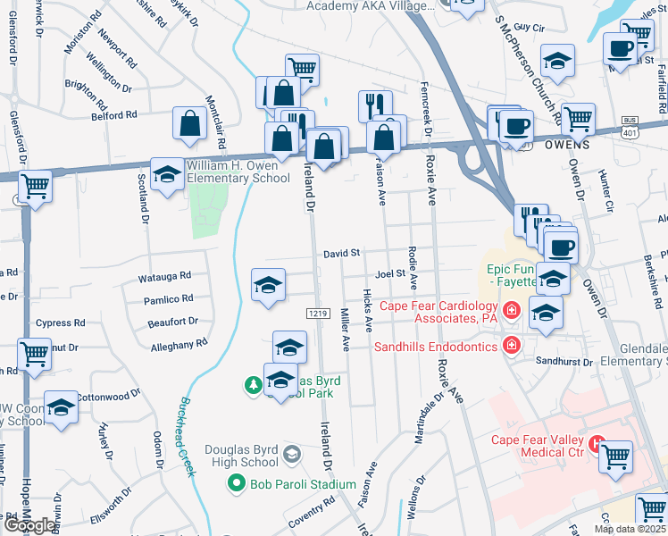 map of restaurants, bars, coffee shops, grocery stores, and more near 1401 Ireland Drive in Fayetteville