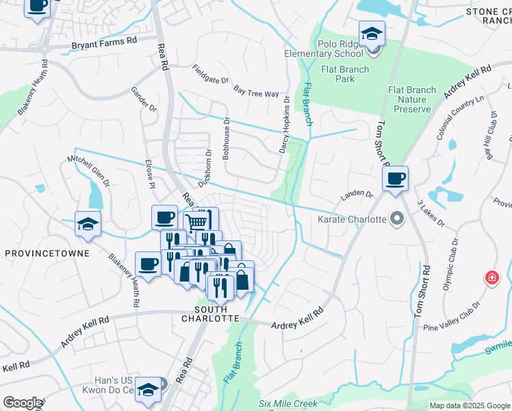 map of restaurants, bars, coffee shops, grocery stores, and more near 10366 Alexander Martin Avenue in Charlotte