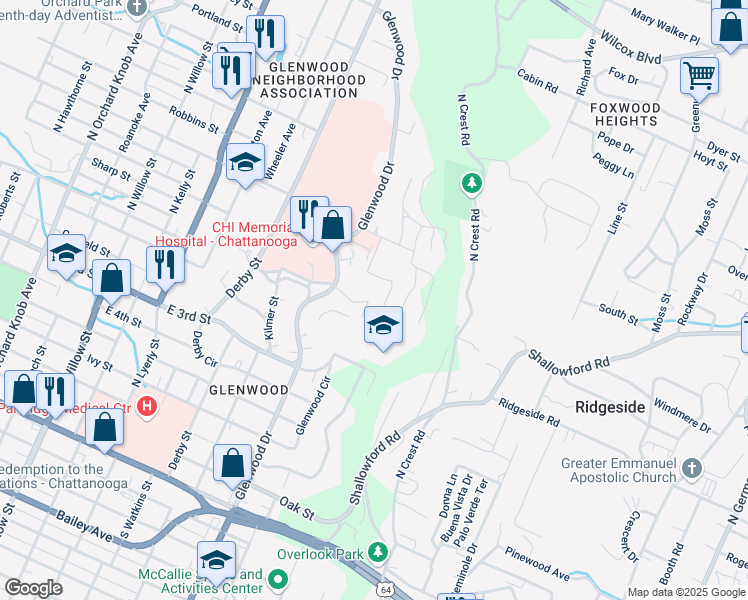 map of restaurants, bars, coffee shops, grocery stores, and more near 2700 Parkwood Avenue in Chattanooga
