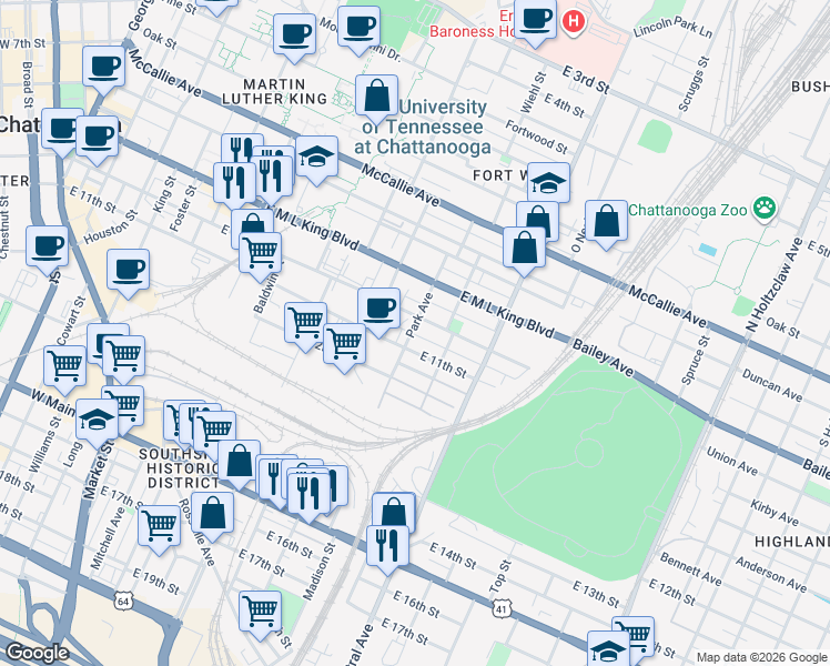 map of restaurants, bars, coffee shops, grocery stores, and more near 904 East 11th Street in Chattanooga