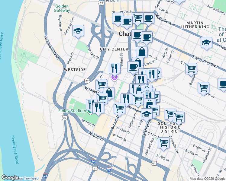 map of restaurants, bars, coffee shops, grocery stores, and more near in Chattanooga