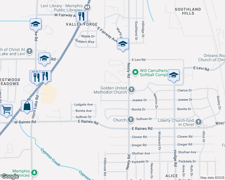 map of restaurants, bars, coffee shops, grocery stores, and more near 170 Jeanne Drive in Memphis