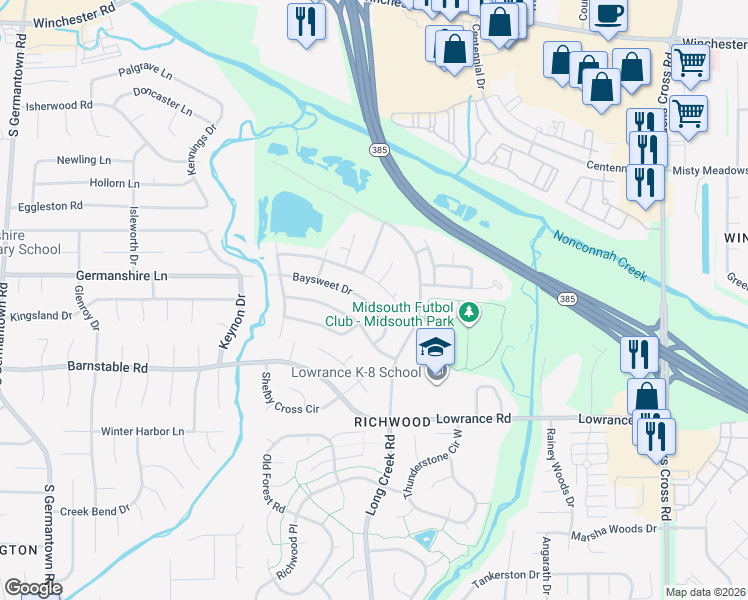 map of restaurants, bars, coffee shops, grocery stores, and more near 7652 Baysweet Drive in Memphis