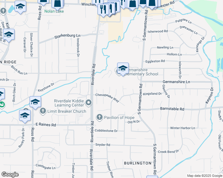 map of restaurants, bars, coffee shops, grocery stores, and more near 3998 Shinault Lane in Memphis