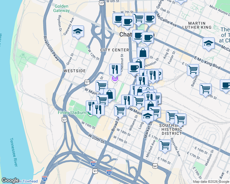 map of restaurants, bars, coffee shops, grocery stores, and more near 1400 Chestnut Street in Chattanooga