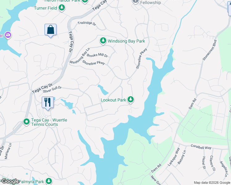 map of restaurants, bars, coffee shops, grocery stores, and more near 2122 Trillium Way in Tega Cay
