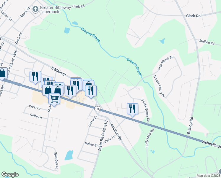 map of restaurants, bars, coffee shops, grocery stores, and more near 519 Boat House Court in Inman