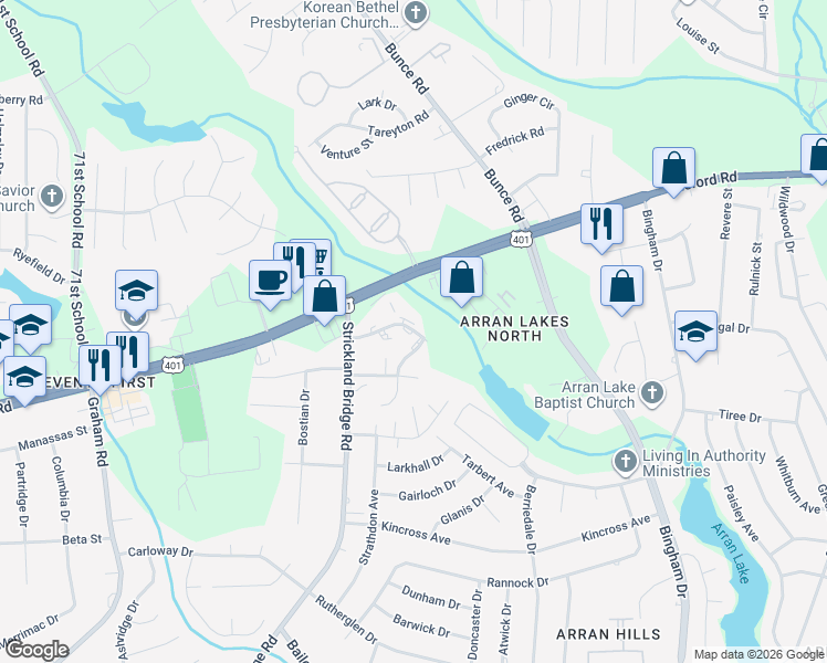map of restaurants, bars, coffee shops, grocery stores, and more near 1123 Southwood Drive in Fayetteville