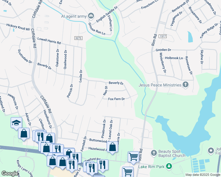 map of restaurants, bars, coffee shops, grocery stores, and more near 7542 Beverly Drive in Fayetteville