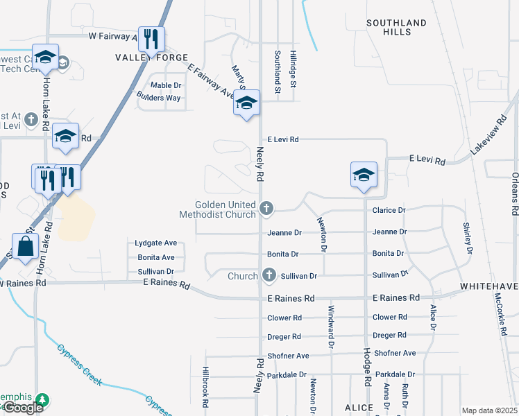 map of restaurants, bars, coffee shops, grocery stores, and more near 211 Wesley Forest Circle North in Memphis