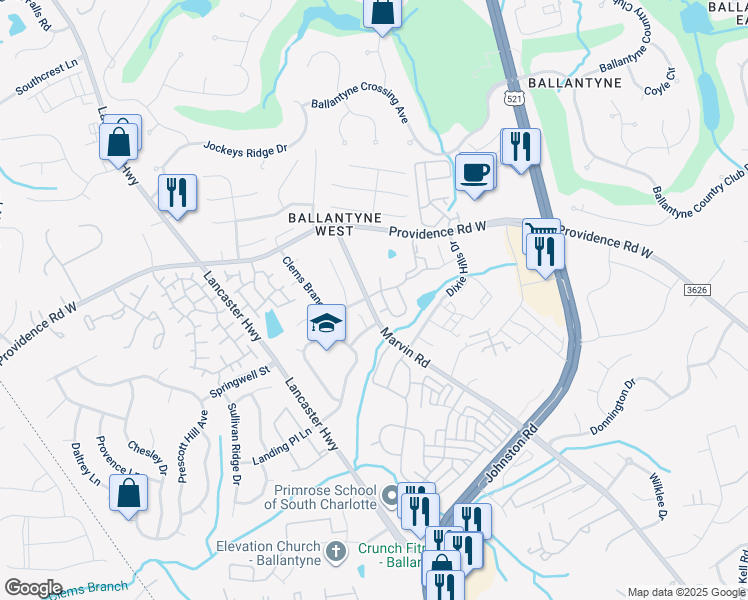 map of restaurants, bars, coffee shops, grocery stores, and more near 15437 Coventry Court Lane in Charlotte