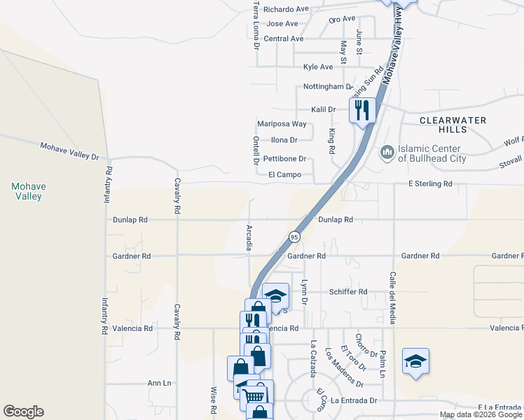 map of restaurants, bars, coffee shops, grocery stores, and more near 1550 E Sterling Rd in Fort Mohave