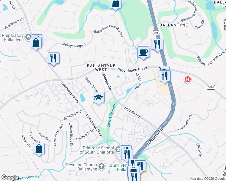 map of restaurants, bars, coffee shops, grocery stores, and more near 15325 Marvin Road in Charlotte