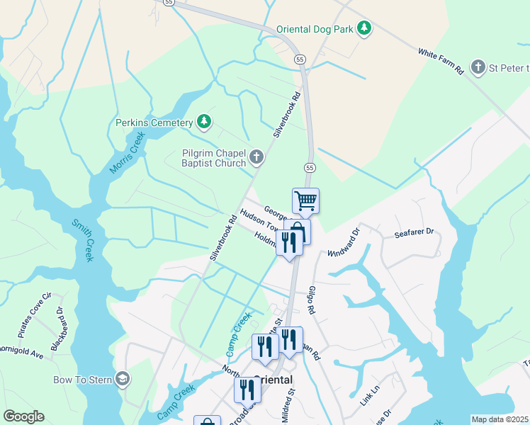 map of restaurants, bars, coffee shops, grocery stores, and more near 707 George Street in Oriental