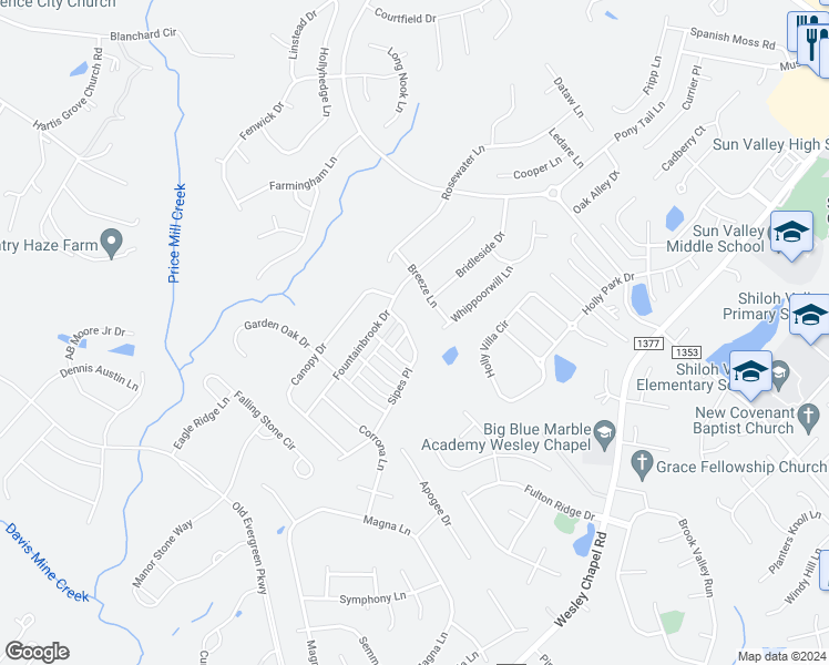 map of restaurants, bars, coffee shops, grocery stores, and more near 2001 Sipes Place in Indian Trail