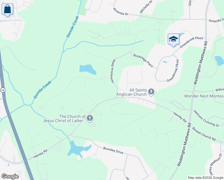 map of restaurants, bars, coffee shops, grocery stores, and more near 4410 Horseshoe Bend in Weddington