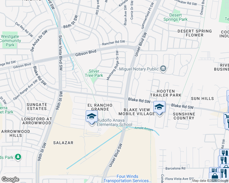 map of restaurants, bars, coffee shops, grocery stores, and more near 8505 Spring Sage Road Southwest in Albuquerque