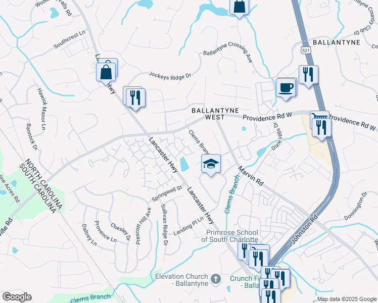 map of restaurants, bars, coffee shops, grocery stores, and more near 11428 Clems Branch Drive in Charlotte