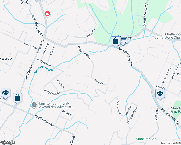 map of restaurants, bars, coffee shops, grocery stores, and more near 2409 Hickory Ridge Drive in Chattanooga