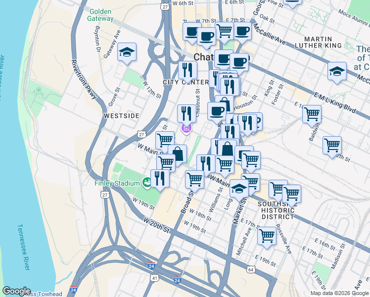map of restaurants, bars, coffee shops, grocery stores, and more near 1317 Chestnut Street in Chattanooga
